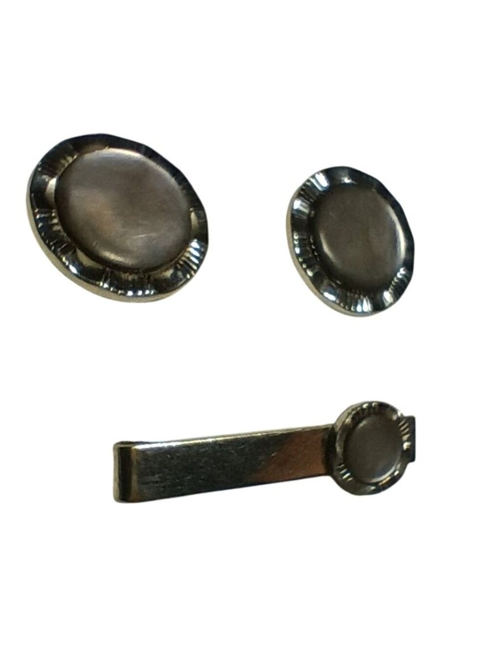 Vintage Cufflinks TIE BAR Set MCM Mens SWANK SMOKEY GRAY PEARLOID Mid Century